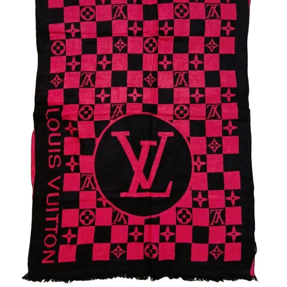 LOUIS VUITTON LV Vintage Pink Black Monogram Check Silk & Wool Scarf - Picture 3 of 12